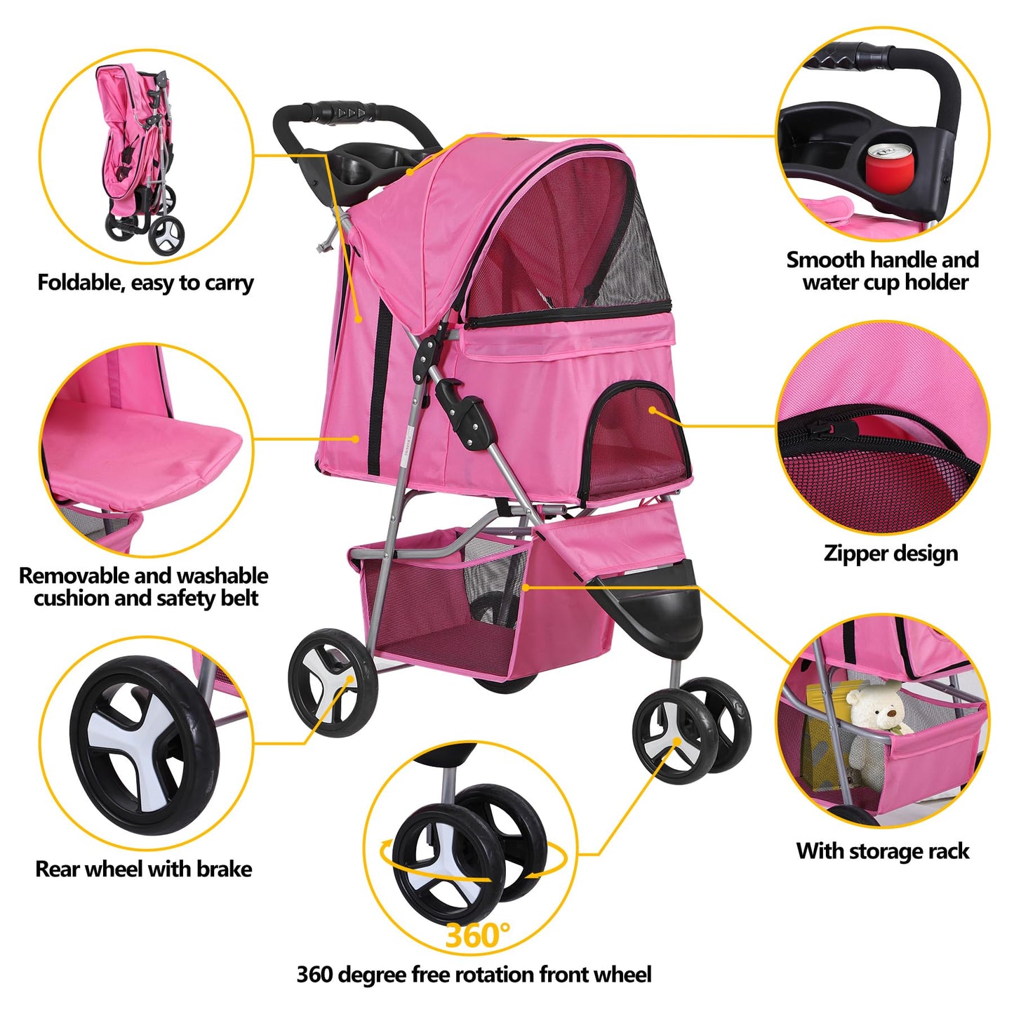 Epetlover 3 Wheels Dog Stroller Folding Pet Strolling Cart for Small Medium Cats Puppies Portable Jogger Travel Camping Puppy Carrier with Storage Basket Cup Holder, Pink
