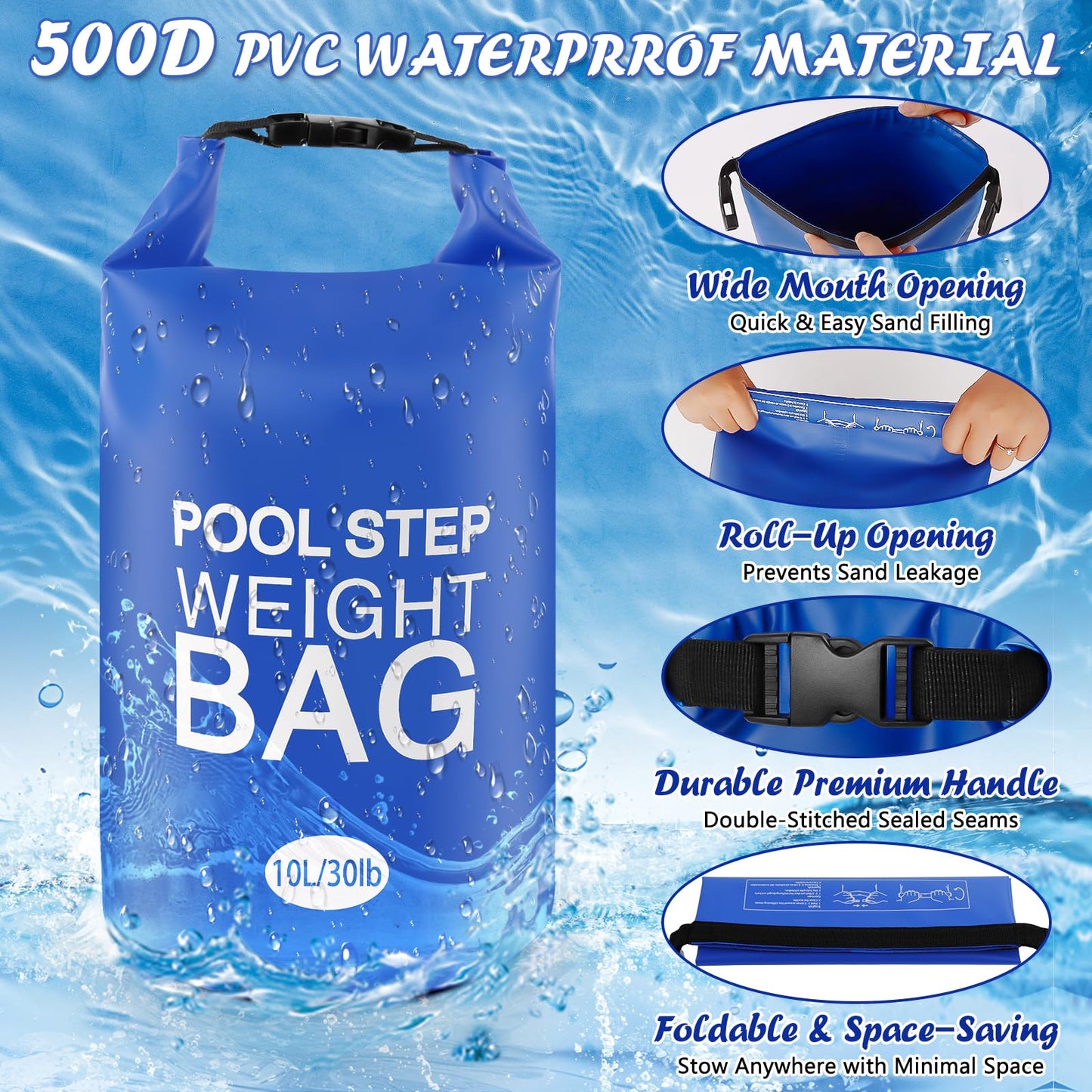 4 Pack 10L/30lb Universal Pool Step Weights 500D PVC Waterproof Swimming Pool Ladder Weights No Breaken Above Ground Pool Ladder Sand Bags, Foldable Pool Stair Weights for Pool Steps(Blue-4PCS)
