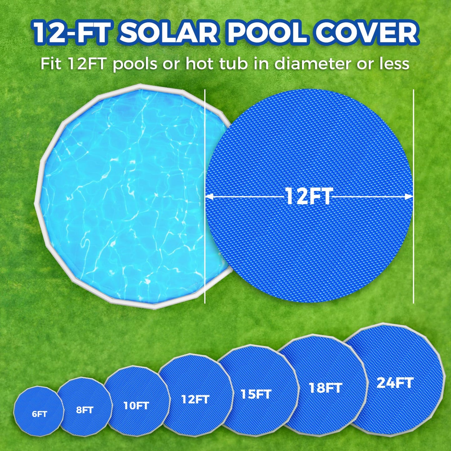 KETNET Solar Pool Cover 12 ft Round for 6-24ft Above Ground Inground Pools, Hot Tub Spa Thermal Heating Bubble Wrap Covers, 12 Mil Heavy-Duty Circle Blue Floating Blanket Mat for Swimming Pools