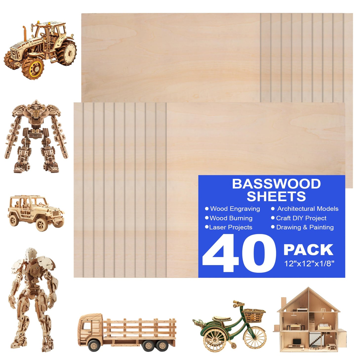 40 Pack 12x12x1/8 Basswood Sheets for Crafts, 3mm Plywood, Unfinished Wood, DIY Ornaments, Model Engraving, Laser Cutting, Architectural Models, Drawing, Wood Burning