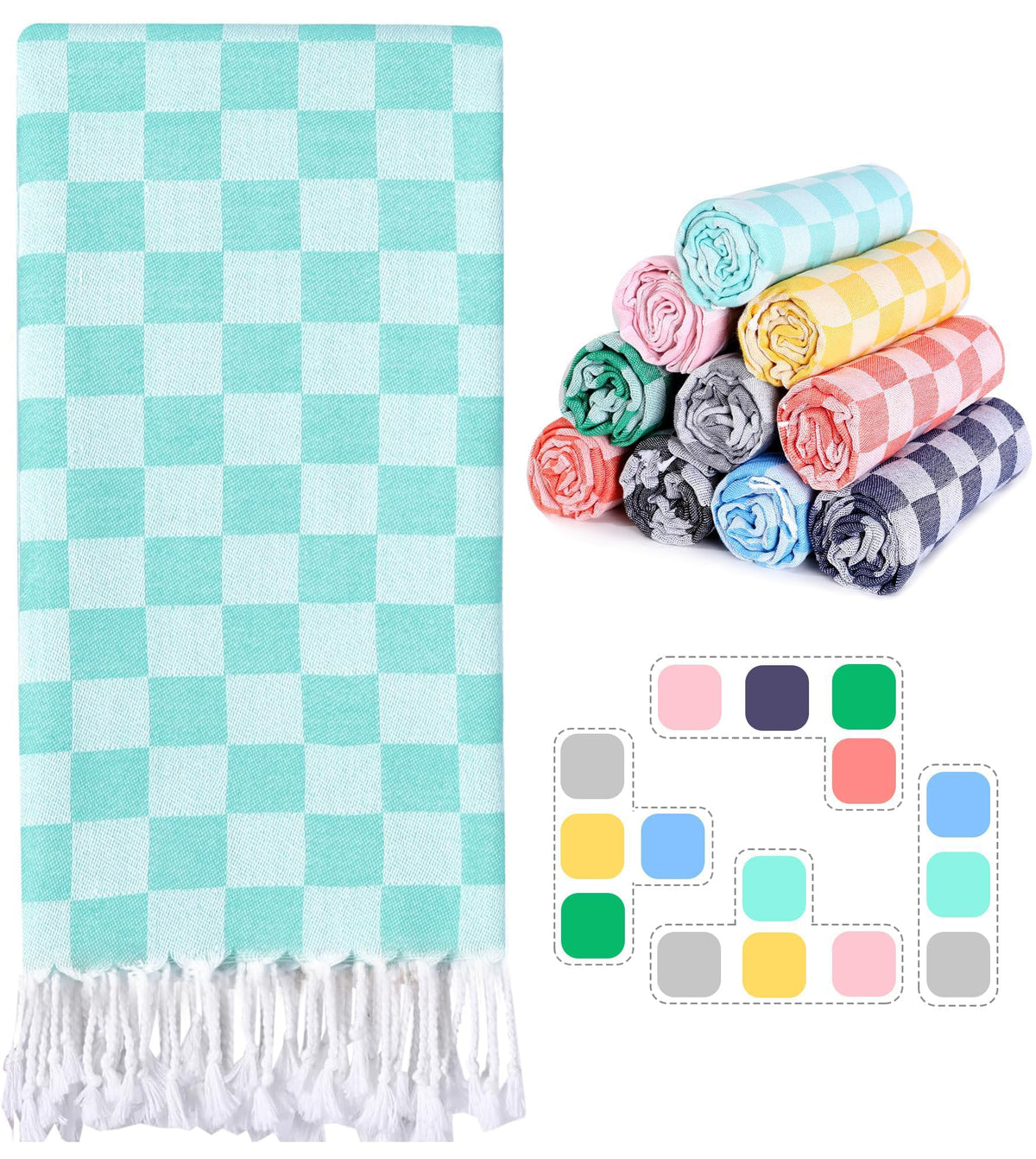 2 Packs Checkered Plaid Turkish Beach Towel Beach Blanket Sandproof Fast Drying Extra Large Match Tote Bag Lounge Chair Umbrella Tent Dress Toy Canopy Outfits Cart Sandal Shoes Games Shirts Pants