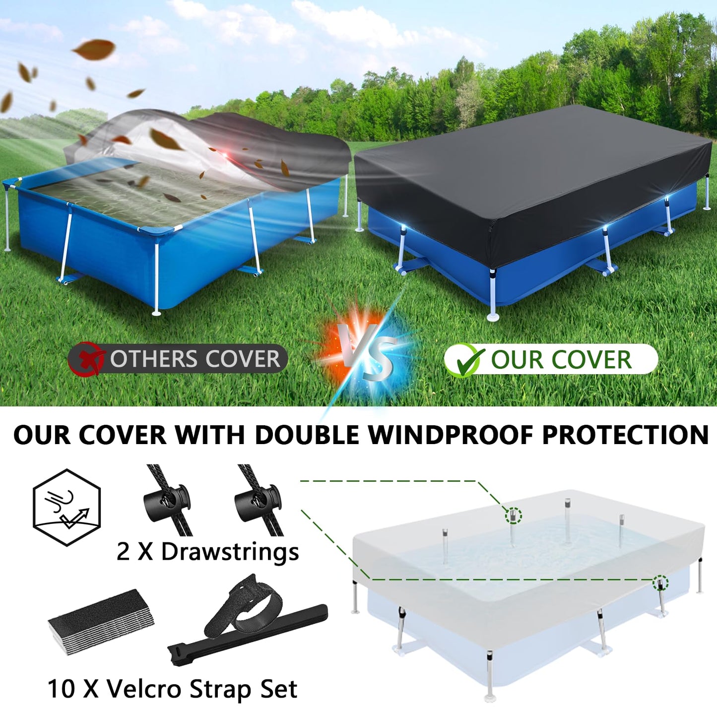 118x79 in Rectangle Pool Cover for 10 x 6 Above Ground Pool 10 ft Swimming Pool Cover Drawstring Design for 9x6 Rectangular Frame Pools Winter Pool Cover Ideal for Heater Above-Ground Pool