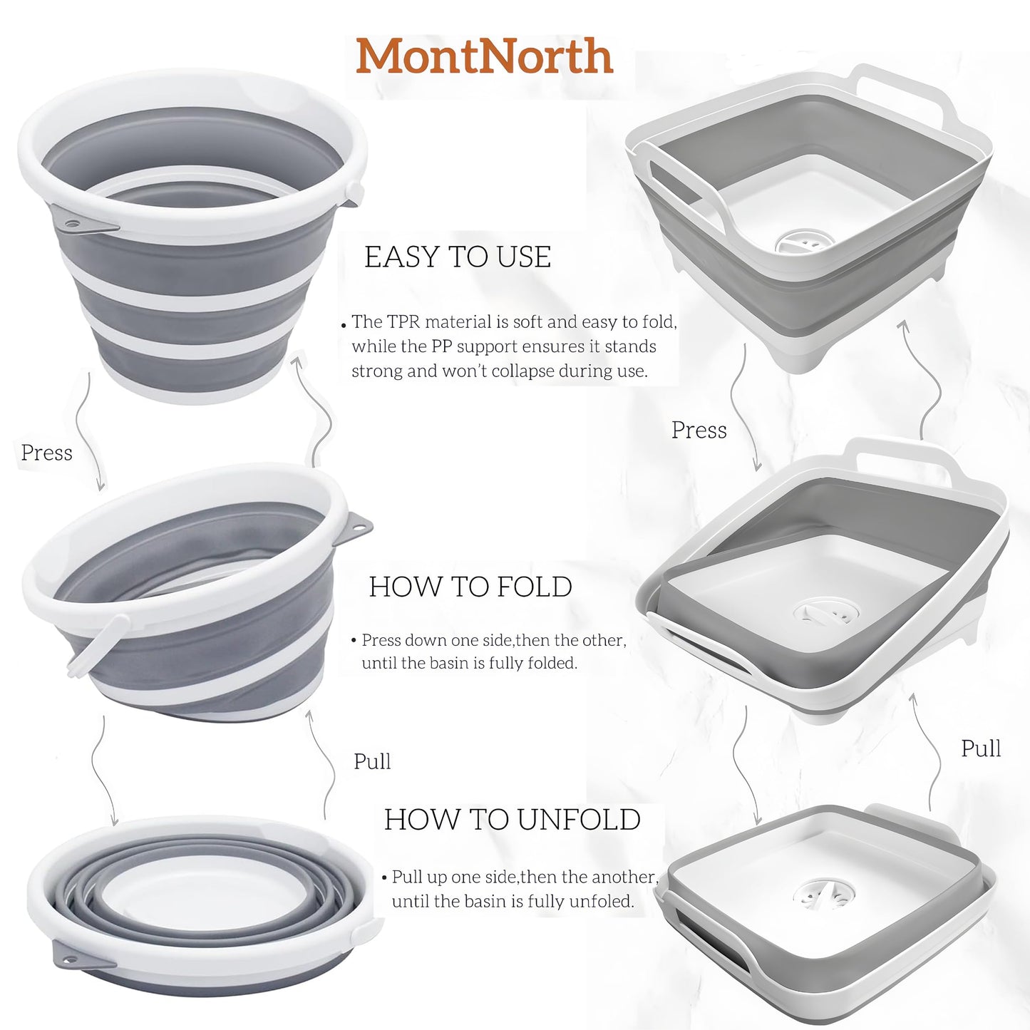 MontNorth Collapsible Basin Bucket,9L Collapsible Dishpan with Drain Plug for Kitchen Sink,5L Portable Foldable Small Plastic Water Supplies for Outdoor Garden Camping Fishing Car Wash(Sets of 2)