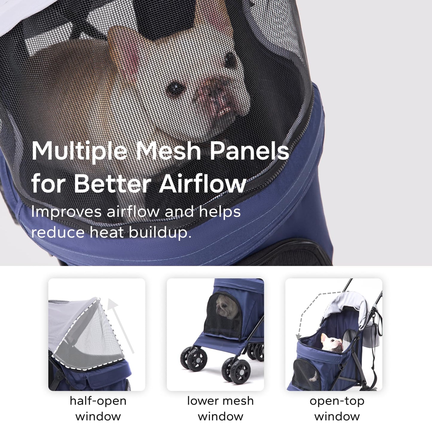 TerraPede Lightweight 10 lbs Foldable Pet Stroller for Small Dogs & Cats, Easy-Fold Compact, with Adjustable Sun Canopy, Cup Holder, Breathable Mesh, Pad & Storage Bag, Holds 33 lbs, Blue Gray