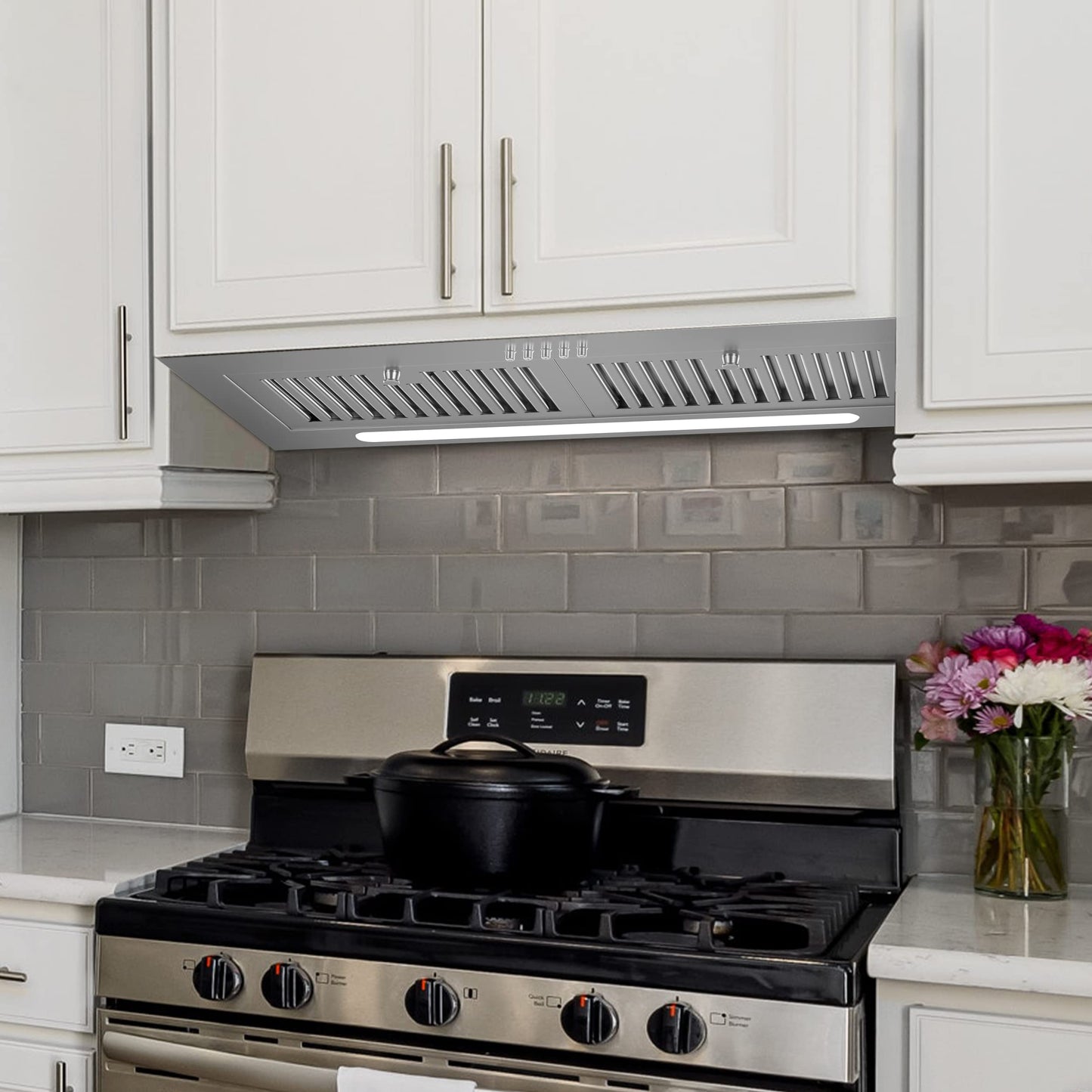 FIREGAS Range Hood Insert 30 inch, 600 CFM Ducted/Ductless Convertible Kitchen Hood with LED Light, Built-in Vent Hood with 3 Speed Exhaust Fan, Baffle Filters, Stove Hood with Carbon Filters
