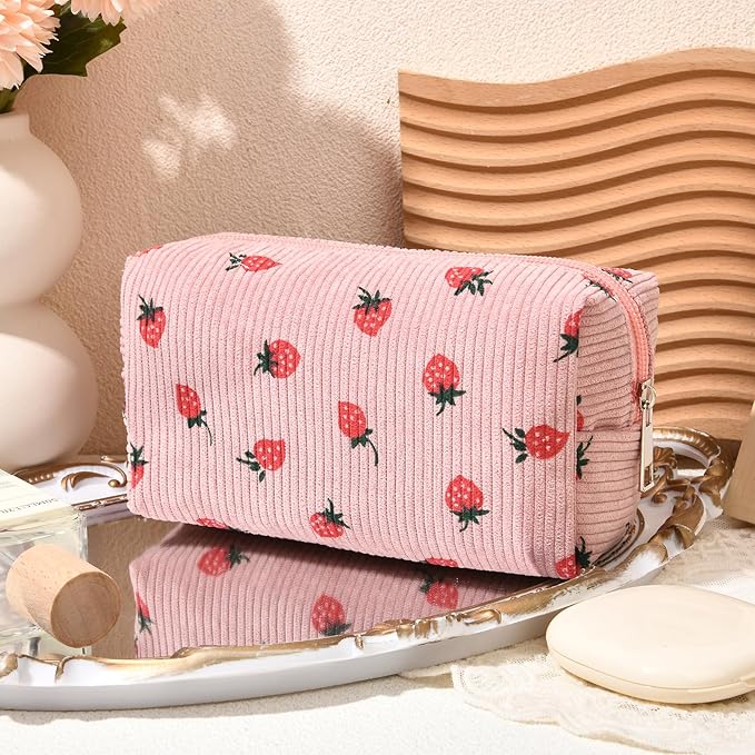 SOIDRAM 2 Pcs Makeup Bag Large Cosmetic Bag Toiletry Bag Makeup Pouch Travel Bag Organizer Cute Makeup Brushes Aesthetic Accessories Storage Bag for Women Pink Strawberry