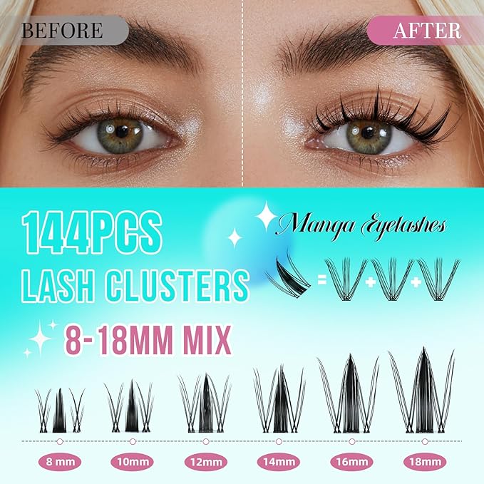 Manga Lash Clusters Kit 144PCS Fairy Eyelash Extension Kit with Lash Bond and Seal, Fake Eyelashes Clusters with Invisible Lash Band, Lash Glue Remover and Lash Applicators (8-18mm Kit,Black Bond)