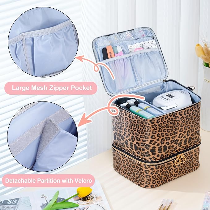 Uross Nail Polish Organizer Bag Holds 30 Bottles Nail Polish & Nail Kit -Nail Polish Storage Organizer Bag Nail Supplies Organizer Case for nail tech - Leopard
