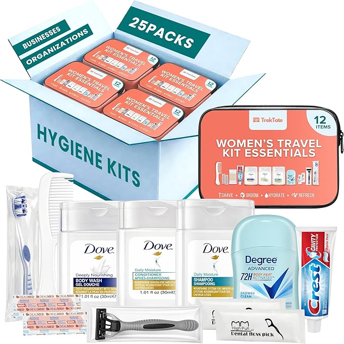 TrekTote Womens Bulk Travel Hygiene Kits 12 Piece, Travel Size Toiletries Set with Cosmetic Bag, Bulk Case Pack Pre Assembled Care Kits