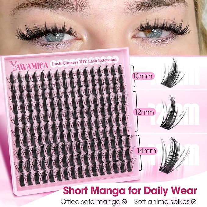 Manga Lash Clusters 10–12–14mm Natural Anime Eyelash Clusters Soft Spiky Cluster Lashes Wispy CC Curl Individual Fairy Lashes Extensions for Daily Makeup, Camera-Ready, Beginner Friendly by Yawamica