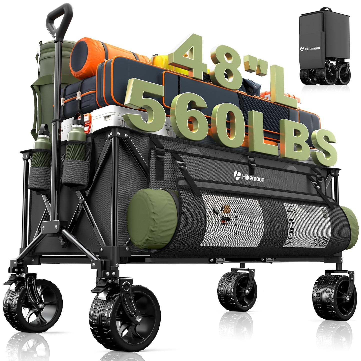 Hikemoon 300L Extra Large Wagons Carts Foldable, 560LBS Heavy Duty Collapsible Beach Wagon 48" Long with Big All-Terrain Wheels, Utility Folding Cart for Camping, Grocery, Sports, Garden, Grey