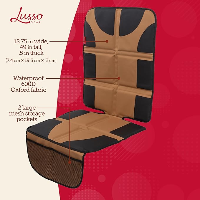 Lusso Gear Car Seat Protector - Waterproof Car Seat Cover - Non-Slip Padding & Mesh Pockets for Baby Travel Gear - Universal SUV & Vehicle Fit - Tan