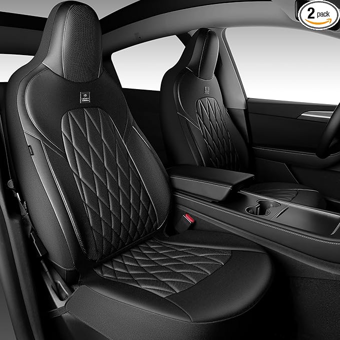 CAR PASS Nappa Leather High Back Front Seat Covers, Tesla Model 3 Model Y Breathable Faux Leather Front Bucket Seat Covers, Anti-Slip Airbag Compatible Universal Fit for Sedan SUV Van Truck, Black