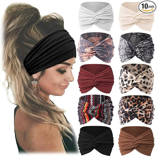 Jesries 10 PCS Women Headbands African Wide Hair Wrap Extra Turban Head Bands for Lady Large Sport Workout Stretch Non-slip Big Hair Bands