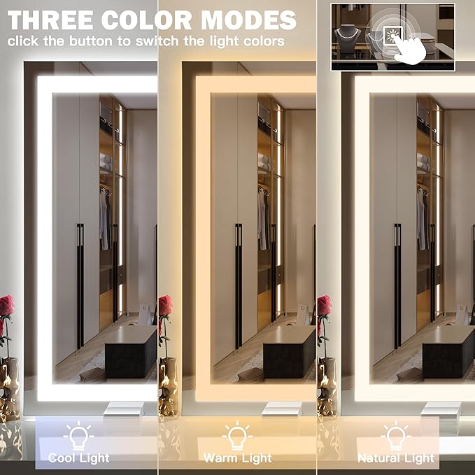 ROLOVE 40x28 Inch Lighted Vanity Mirror, 3-Color Lighting & Dimmable Modes, Large LED Makeup Mirror for Bathroom/Dressing Room (Wall/Tabletop Mount, White)