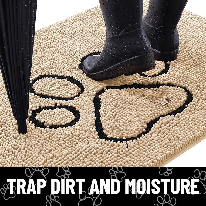 Smiry Dog Door Mat for Muddy Paws, Absorbent Dirt Trapper Non Slip Quick Dry Washable Chenille Mat for Mud Dogs, Entry Rug for Indoor and Outdoor (48x30 Inches, Beige and Black)