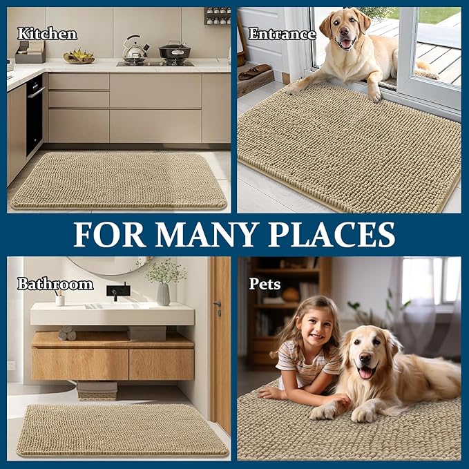 OLANLY Dog Door Mat for Muddy Paws 48x30, Absorbs Moisture and Dirt, Absorbent Non-Slip Washable Doormat, Quick Dry Chenille Mud Mat for Dogs, Entry Indoor Entryway Carpet for Inside Floor, Beige