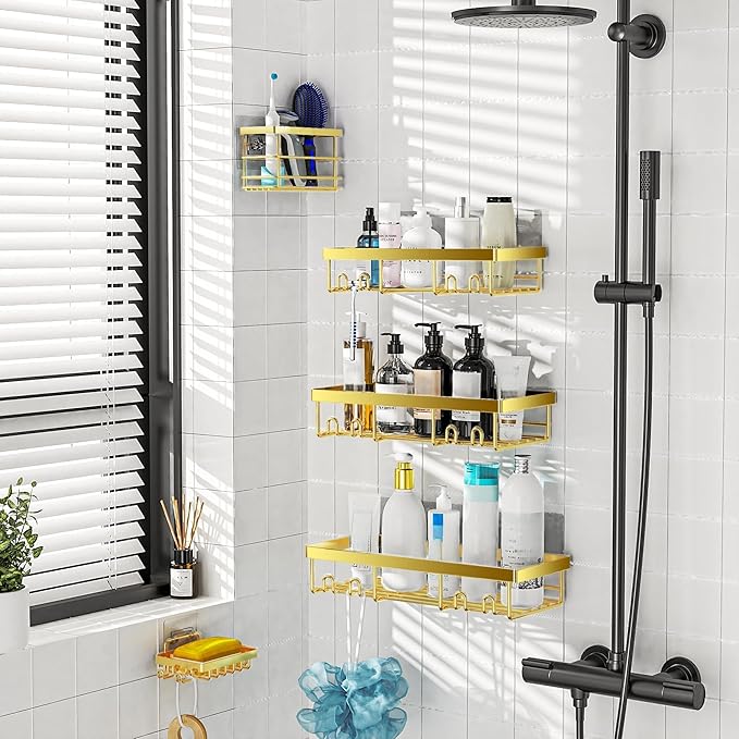 Moforoco Adhesive Shower Caddy Organizer Shelves Rack - 5 Pack Corner Bathroom Storage Organization, Home & Kitchen Decor Inside RV Accessories, Hanging First Apartment Household Camper Essentials