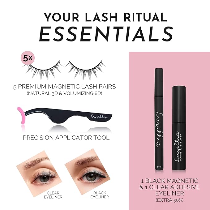 Luxillia 8-Piece Clear & Black Magnetic Eyelashes with Applicator & Magnetic Eyeliner Kit Ã¢ÂÂ Reusable Natural Magnetic Lashes Ã¢ÂÂ Easy Apply Lash Kit for Beginners Ã¢ÂÂ Waterproof Dramatic Looks