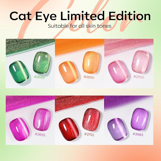 modelones Cat Eye Gel Nail Polish Set, 6 Colors Orange Neon Galaxy Hot Pink Grape Purple Red Green 9D Cat Eye Glitter Gel Polish with Magnet LGBT Fruit Theme Soak Off Led DIY Gift Unisex