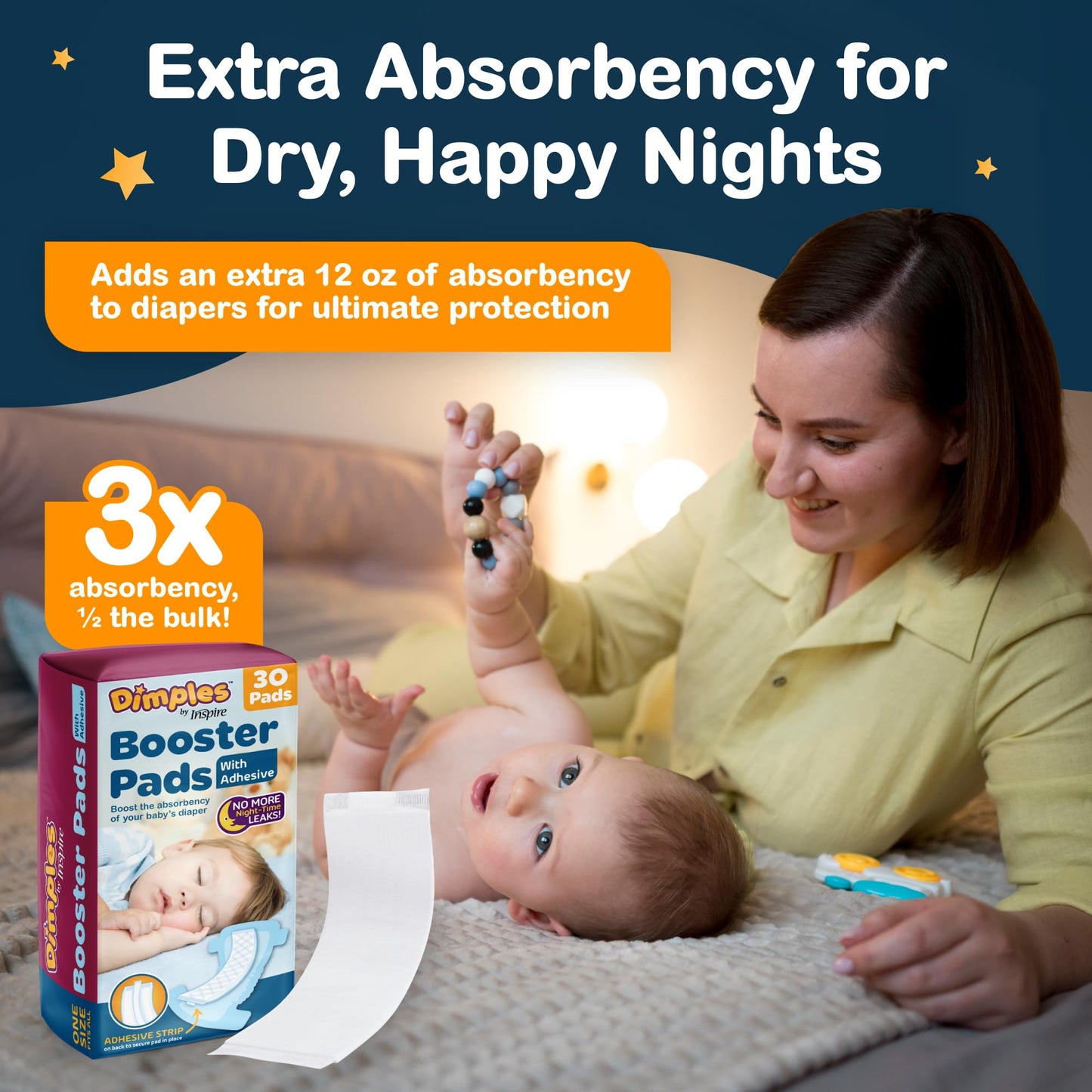 Dimples Booster Pads, Baby Diaper Doubler with Adhesive for Secure Fit | 1 Size Fits All Diapers | Boosts Absorbency No More leaks 60 Count