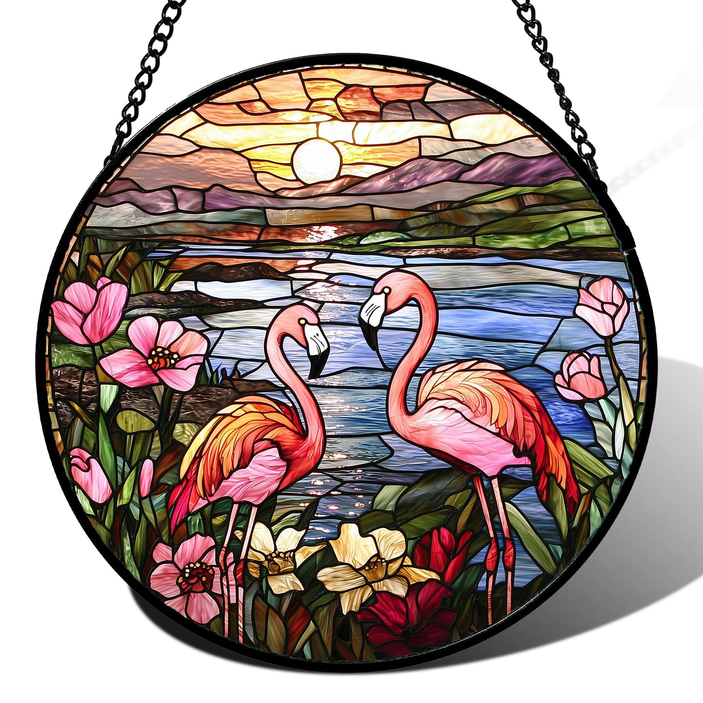 JOSUMALY Stained Glass Window Hanging - Flamingo Wildflowers Landscape Suncatcher for Door Terrace Garden Home Decor Sunset Lake Sun Catcher Birthday Gifts for Lovers Women Men Dad Mom Nana 9.8 in