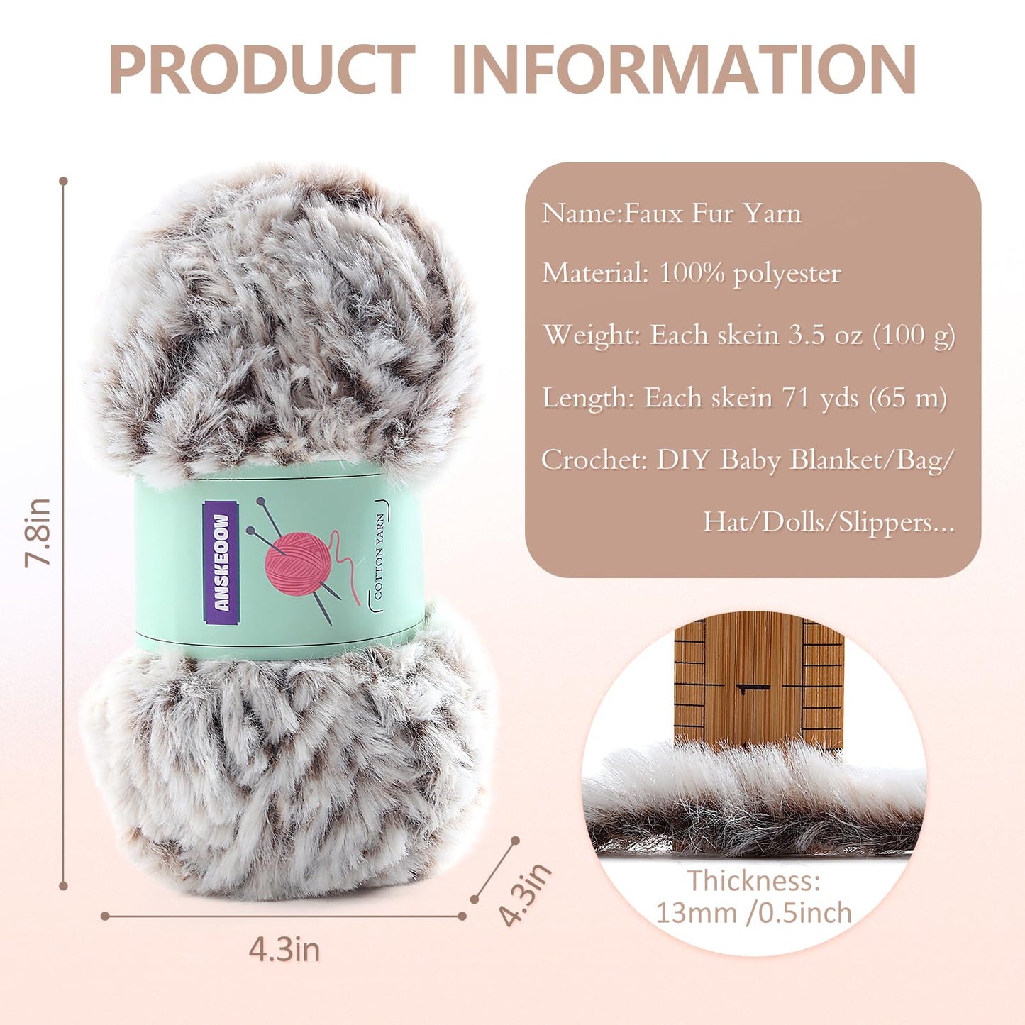 6 Skeins Faux Fur Yarn Soft Fluffy for Crocheting - Chunky Fuzzy Yarn for Crochet Amigurumi, Hat, Shawls, Total Length (71x6) Yards (Cream)