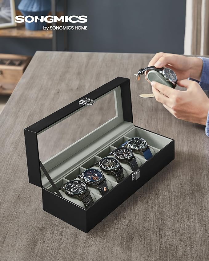 SONGMICS Watch Box, 6-Slot Watch Case Organizer with Large Glass Lid, Removable Pillows, Gift for Loved Ones, Black Synthetic Leather, Greenish Gray Lining UJWB06BK