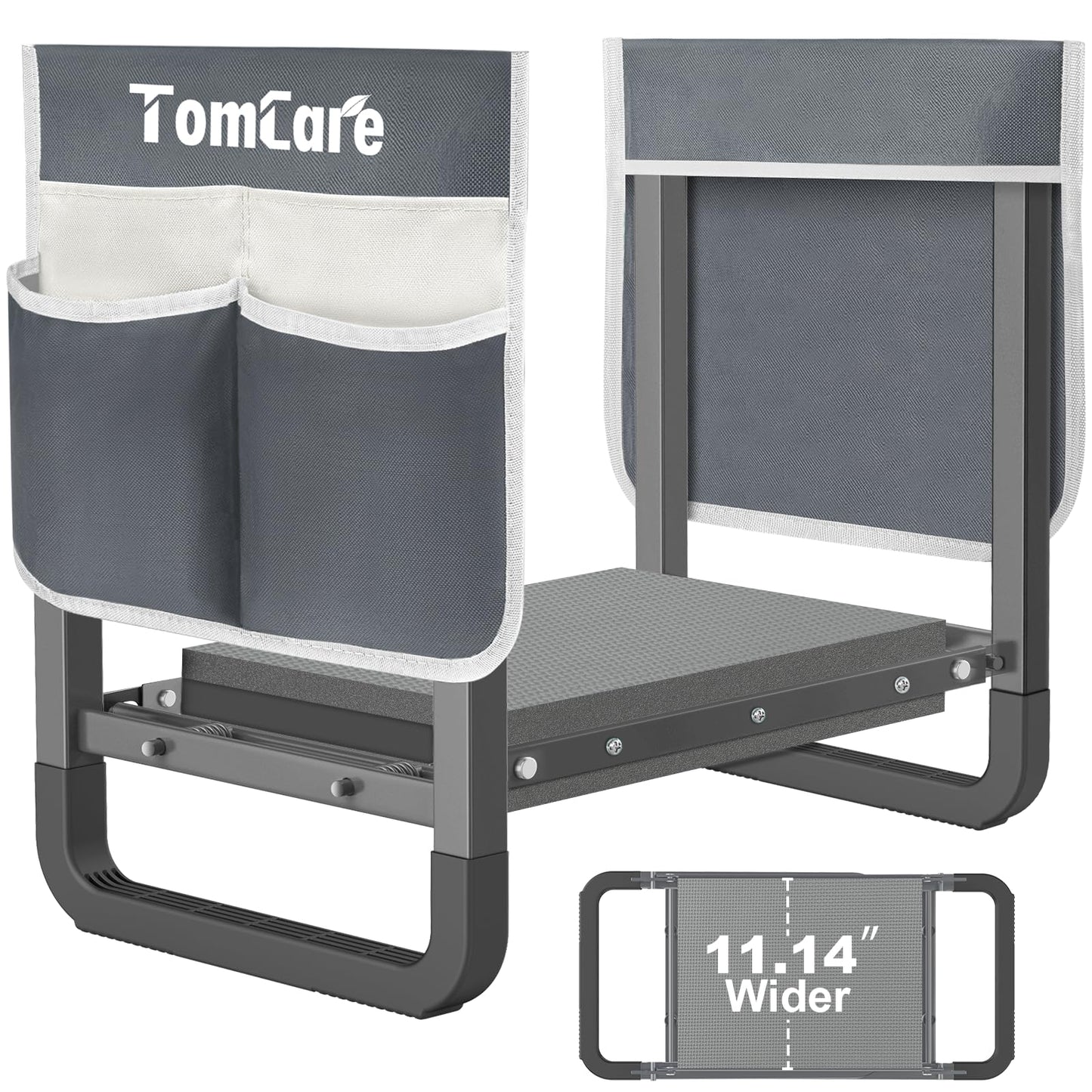 TomCare Garden Kneeler and Seat 11.14â Wider Larger Soft Kneeling Pad Garden Bench with 2 Large Tools Pouches Heavy Duty Foldable Garden Stool Gardening Gifts for Women Men Gardeners Seniors,Gray