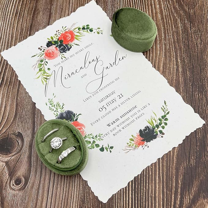 Velvet Oval Ring Box 3 Slots - Premium Wedding Three Rings Box Vintage Handmade Storage Jewelry Organizer for Proposal, Engagement, Wedding Ceremony, Christmas (Olive Green)