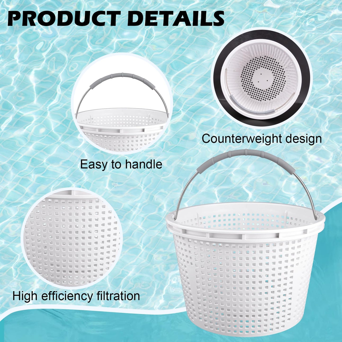 ZTTM 8" Pool Skimmer Basket for Inground Pool Compatible with Pentair U-3 Skimmer Basket 08650-0007 and Hayward SP1070 Pool Basket Stainless Steel Handle Rubber Grip & Built in Weighting White 2 Pack