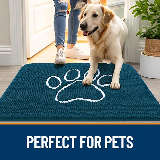 OLANLY Dog Door Mat for Muddy Paws 35x24, Paw Print Design, Absorbs Moisture and Dirt, Absorbent Non-Slip Washable Doormat, Quick Dry Chenille Mud Mat, Entry Indoor Entryway Carpet, Atlantic Blue