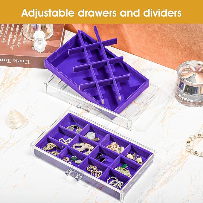 ProCase Earring Holder Organizer Jewelry Box with 10 Drawers, Acrylic Clear Earring Case with Adjustable Velvet Trays for Women - Purple,10 Layers