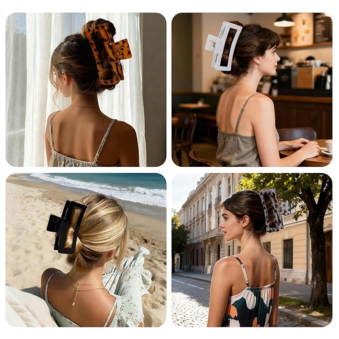 5 Inch XL Jumbo Claw Clips for Thick and Long Hair, 4-Pack Oversized Glossy Leopard Rectangle Hair Clips for Women, Strong Hold Non-Slip Jaw Clips, Dark & Light Leopard
