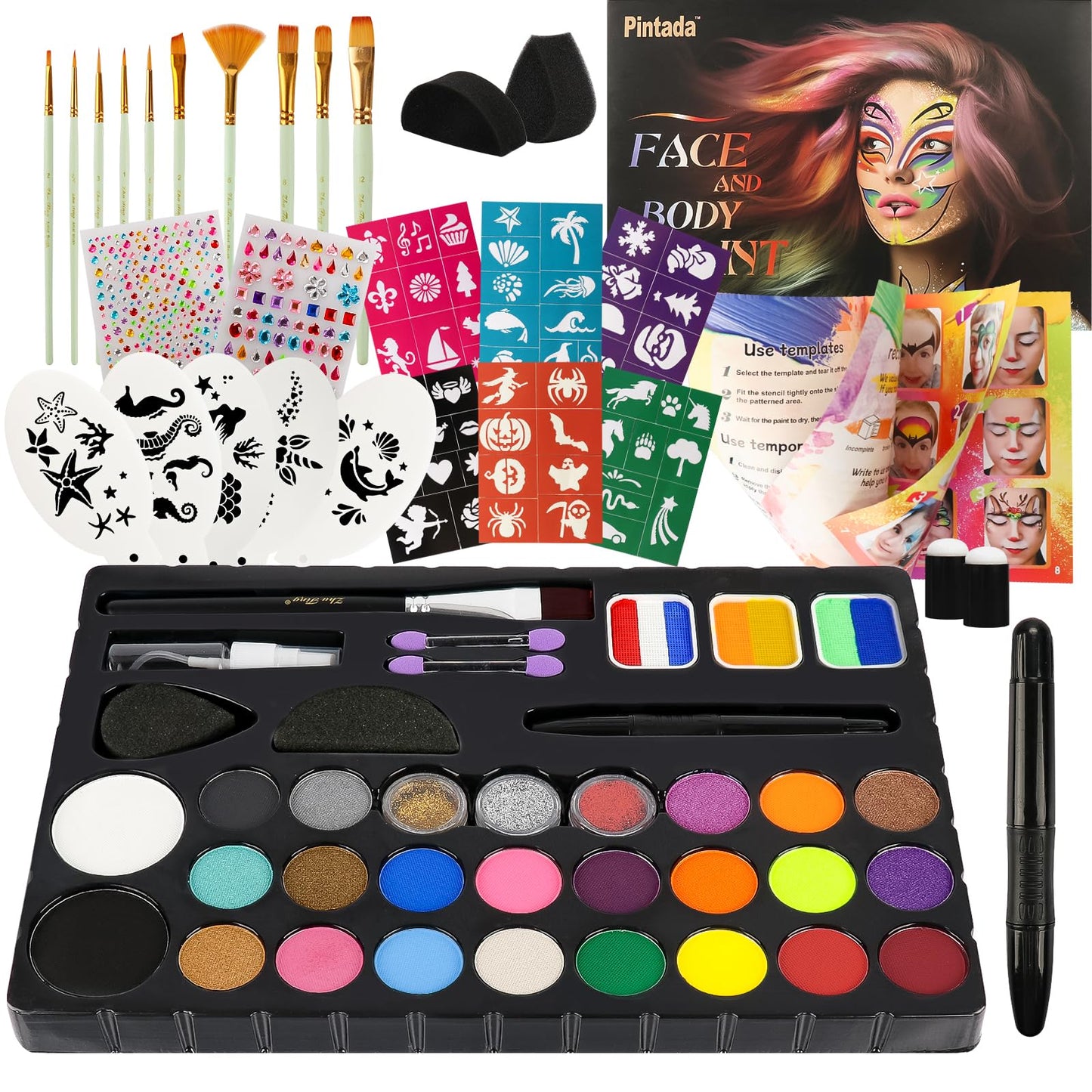 Pintada 26 Color Face Painting Kit for Kids - Non-Toxic Water Activated Face Paint Palette with Brush, Stencils, Gems - For Halloween, Carnivals, Costume Parties, Body Art, Fairs & Creative Events.