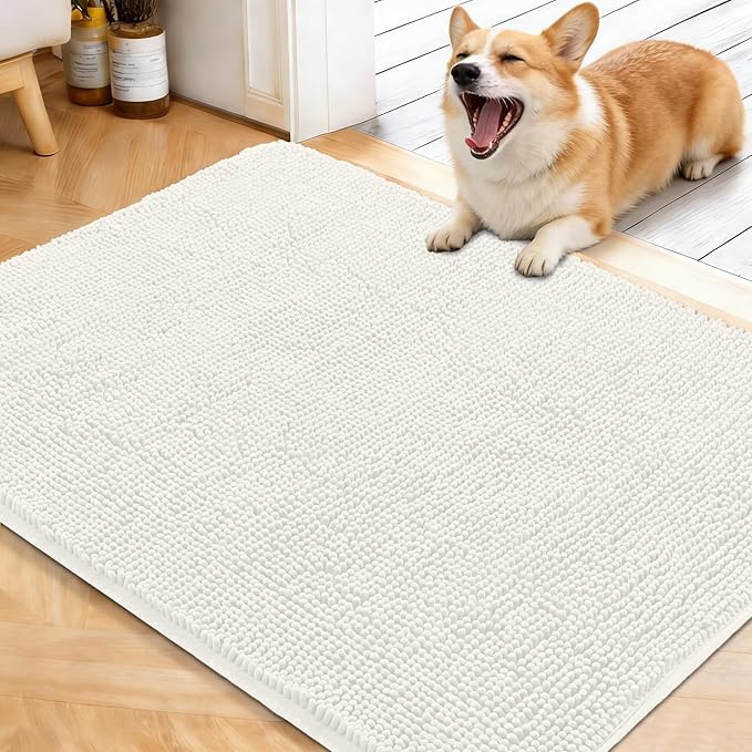 OLANLY Dog Door Mat for Muddy Paws 40x32, Absorbs Moisture and Dirt, Absorbent Non-Slip Washable Doormat, Quick Dry Chenille Mud Mat for Dogs, Entry Indoor Entryway Carpet for Inside Floor, Ivory