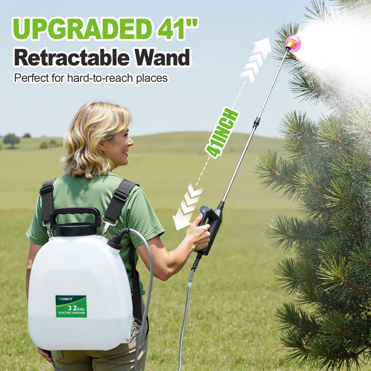 VAXMAY Battery Powered Sprayer 3.2 Gallon, Backpack Sprayer with 3 Adjustable Forces, Battery Indicator, 5 Mist Nozzles, 41" Retractable Wand, USB Rechargeable Garden Sprayer for Weed Lawn Yard