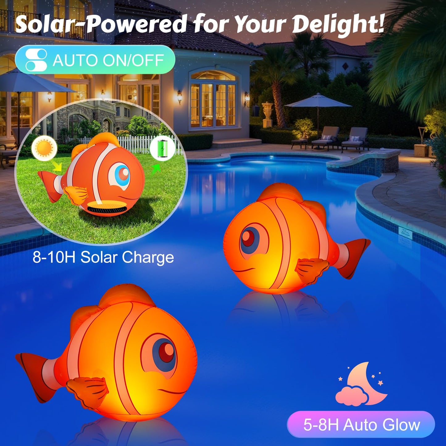 Cootway Floating Pool Lights Solar Powered, 16'' Inflatable Waterproof Clownfish Solar Pool Lights that Float, Auto On/Off LED Floating Lights for Pool Garden Backyard Outdoor Decoration - (2 Piece)