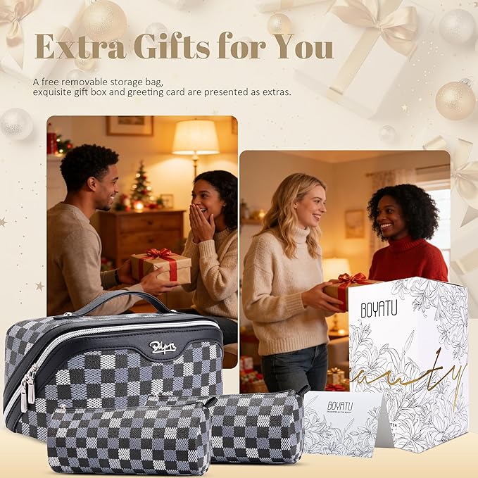 BOYATU Travel Makeup Bag Organizer Cosmetic Bag: 3 Pcs Set Make up Bags for Women with Handle - Waterproof Vegan Leather Toiletry Bag (01-H-Black)
