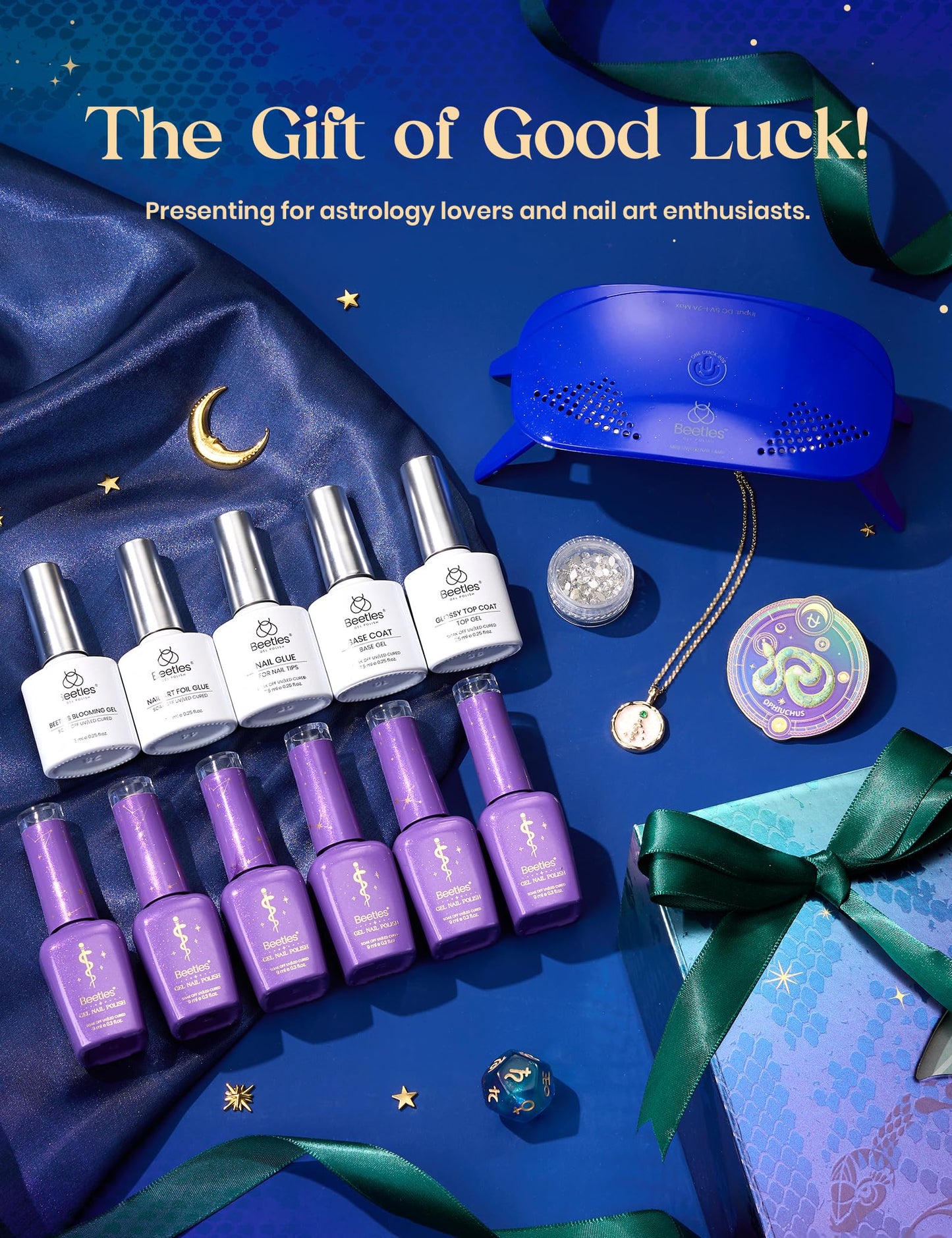 Beetles The Ophiuchus Sign Lucky Box, Ophiuchus Zodiac Gel Nail Polish Kit Nail Art Set Purple Green Gold Cat Eye Black White Gel Pink Jelly Base Top Coat Salon DIY Zodiac Gift for Women