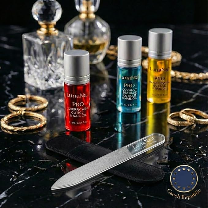 Nano Czech Glass Nail File & Buffer 2-in-1, Velvet Case, Crystal Polisher, Mirror-Shine, Keratin-Sealing, Travel Friendly