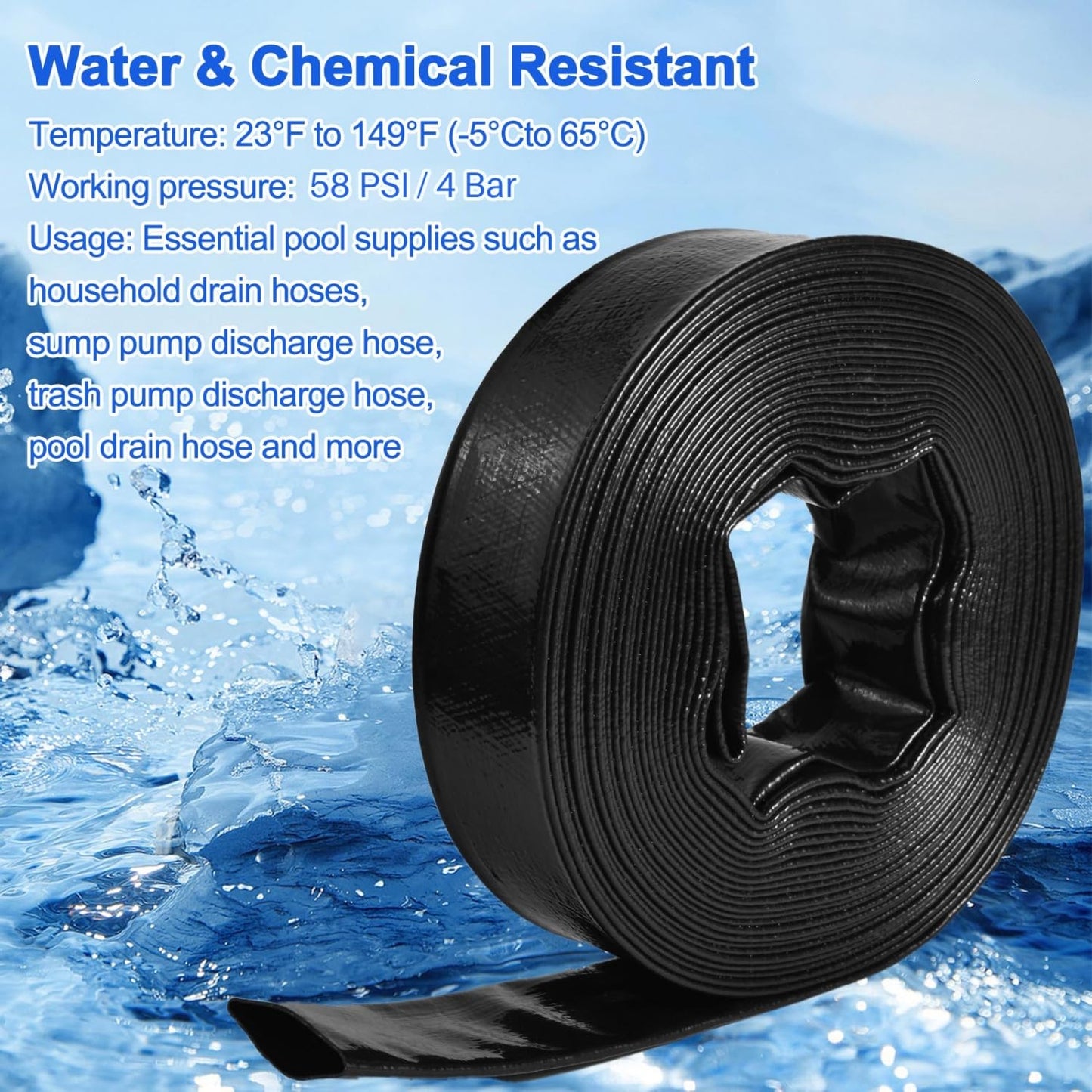 Gonioa Pool Backwash Hose 1 1/2 Inch Diameter x 50 Feet - Heavy-Duty PVC Pool Drain Hose, Reinforced Discharge Hose with Clamp for Swimming Pools, Black