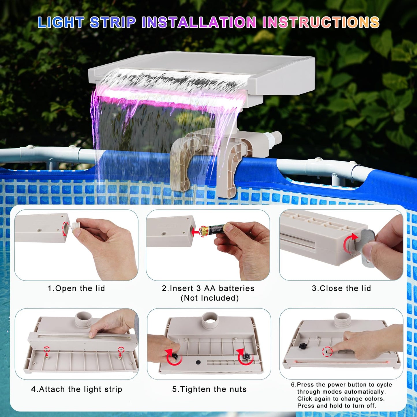 Pool Fountain Waterfall for Above Ground Pools, Swimming Pool Attachment Accessories, Relaxing Cascade Soothing Waterfall, Fits Various Frame Pools (with 7 LED Light)