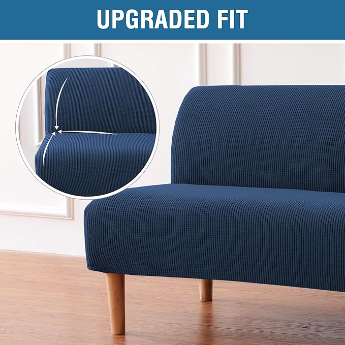 H.VERSAILTEX Armless Futon Cover Stretch Sofa Bed Slipcover Protector Elastic Feature Rich Textured High Spandex Small Checks Jacquard Fabric Futon Cover, Machine Washable, Navy