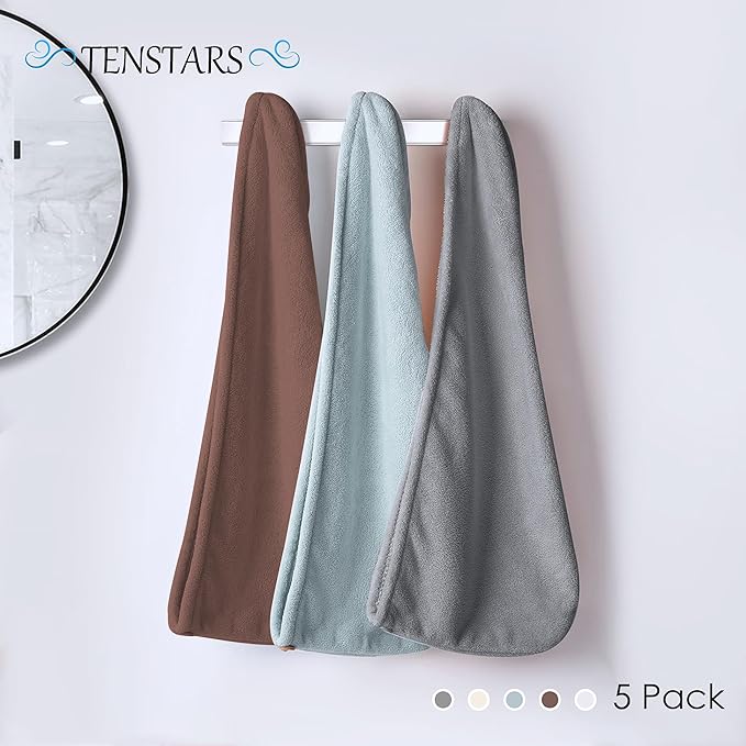 TENSTARS 5 Pack Thicken Microfiber Hair Towel Wrap for Women - Elastic Loop Design - 320GSM Coral Velvet - Quick Dry Hair Turban - 11x28 Inch (Cream+White+Brown+Light Teal+Grey)