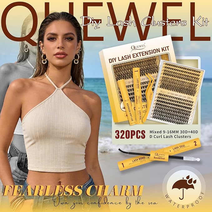 QUEWEL Lash Clusters Kit, 320 Pcs 30D+40D Lash Cluster Eyelash Extensions 9-16mm Lash Clusters Wispy Kit with Eyelash Clusters Bond and Seal Glue Remover Tweezers (30D+40D Kit)