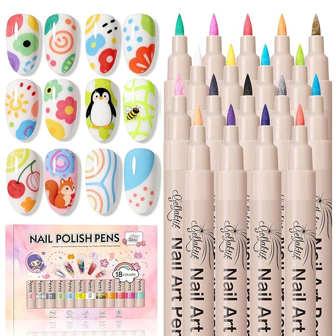 18 Colors Nail Art Pens Set, 3D Nail Polish Pens Quick-Drying Acrylic Paint Markers, Dotting Liner Brush for DIY Nail Design, Home & Salon Manicure Tools