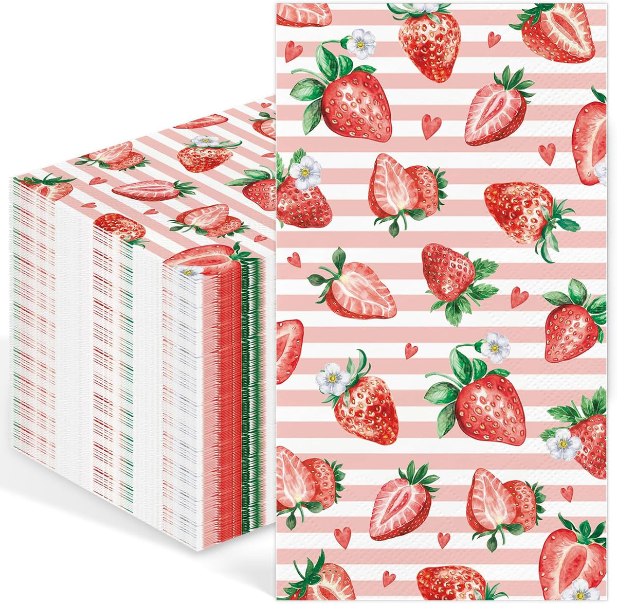 100PCS Strawberry Paper Napkins 3 Ply Disposable Hand Towels for Bathroom Summer Red Berry Guest Napkins Decorative Strawberry Striped Dinner Napkins for Berry Sweet Baby Shower Birthday Party