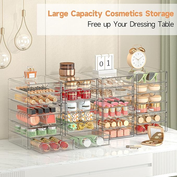 Makeup Drawer Storage Organizer with 24 Drawers, 4 Set Acrylic Office Desk Organization and Storage, Dustproof Drawer Organizer for Makeup, Office, Countertop, Jewelry, Pen, Desktop, Bathroom, Bedroom