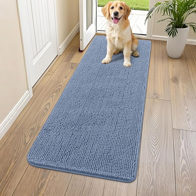 Smiry Dog Door Mat for Muddy Paws 59x24, Absorbs Moisture and Dirt Doormat, Non-Slip Washable Quick Dry Chenille Front Door Mat Indoor Entrance, Entryway Carpet for Inside Floor, Airy Blue